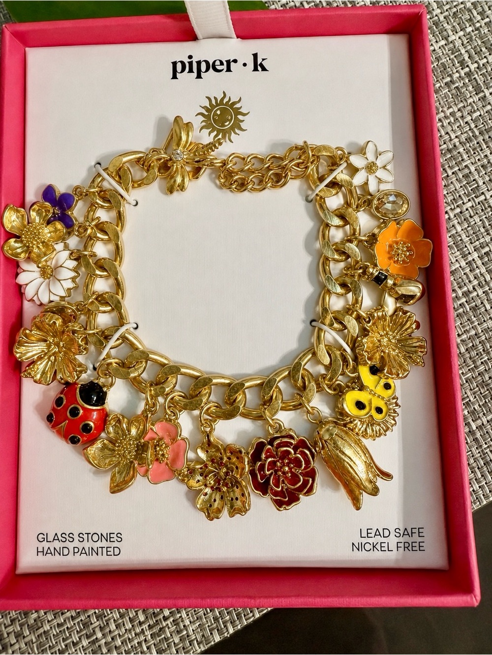 Piper K 🌸🌺Flower Ladybug Butterfly Gold Charm 🐞Bracelet Gems NIB